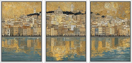 wall26 Framed Print Wall Art Set Golden Cityscape Reflection Gustav Klimt Inspired Coastal TownDecorative Minimal Relax/Zen for Living Room, Bedroom, Office - 24"x36"x3 WHITE
