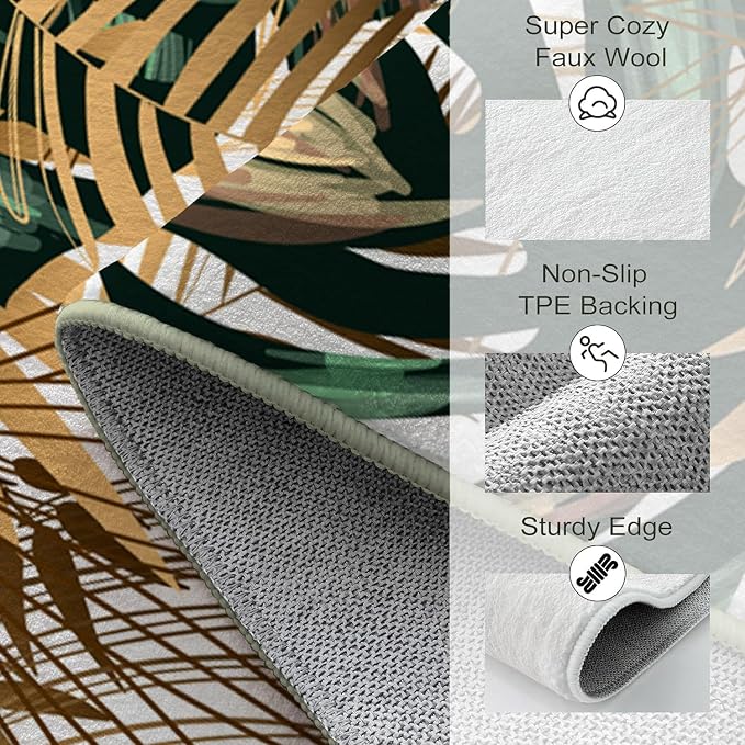 Ansouyi Non-Slip 5x7 ft Area Rugs, Washable Rug Carpet for Living Room, Emerald Green Gold Tropical Botanical Plant Home Decor Rugs for Game Room Classroom Bedroom Dining Kindergarten Room