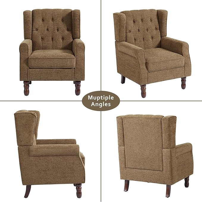 Accent Chairs Set of 2, High Back Upholstered Chair with Button Tufted, Mid-Century Modern Comfy Wingback Chair Reading Armchair in Fabric for Living Room for Bedroom, Office-Brown