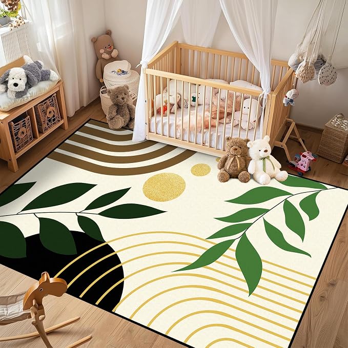 Modern Abstract Rug Geometric Area Rug Boho Green Leaf Floor Mat Soft Washable Carpet for Bedroom Living Room Kitchen Nursery Playroom Home Decor 4'x6'