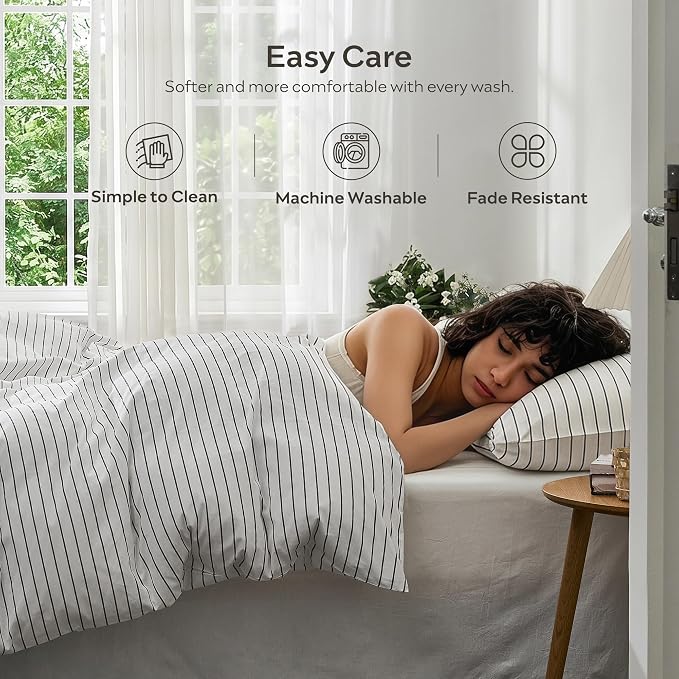 JELLYMONI Wide Striped Duvet Cover Set - Full Size Comforter Cover, Classic White & Gray Stripes, 100% Cotton 3 Pcs Bedding with Zipper Closure & 8 Corner Ties for Guest or Teen Room