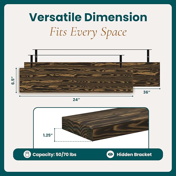 Howizz 36'' Wood Floating Shelves for Wall, Acacia Wood Wall Mounted Shelves with Invisible Brackets, Rustic Wooden Shelf Set of 2 for Living Room, Bedroom, Bathroom, Kitchen Decor, Dark Brown Finish