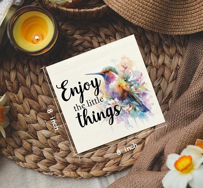 Hummingbird Decor - Hummingbird Gifts For Women, Inspirational Wooden Box Signs, Enjoy The Little Things Motivational Wood Decoration Home Decor For Desk Table Shelf 8x8 Inch Decorative Signs & Plaques