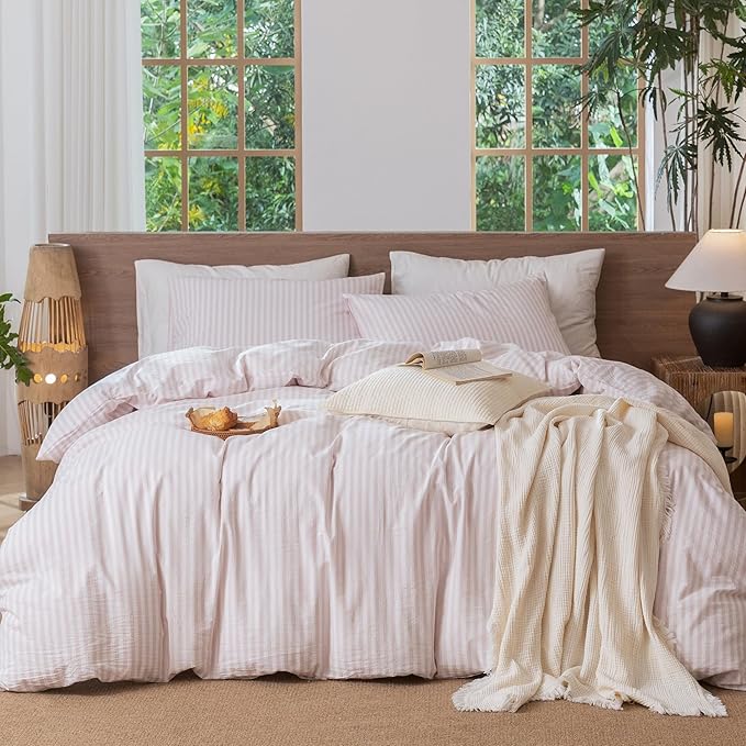 MooMee Striped Duvet Cover Set 100% Washed Cotton Linen Like Textured Breathable Durable Soft Comfy (Heathered Greyish Pink Classic Stripes, Twin 68"x90")