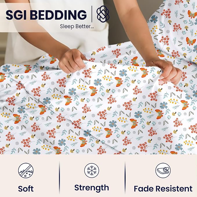 SGI Split King Sheet Set for Adjustable Bed Egyptian Premium Cotton 600 Thread Count Sheets for Sleep Number Bed 15" Deep Pocket 5 Pc Set with 2 Twin XL Fitted Sheets Soft Breathable -Butterfly Garden