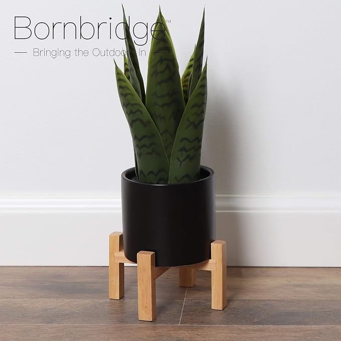 Bornbridge Artificial Snake Plant with Mid Century Plant Stand - Sansevieria Plant in Modern Planter - Artificial Plants with Indoor Plant Stand - Faux House Plants (Small / 1 Pack)