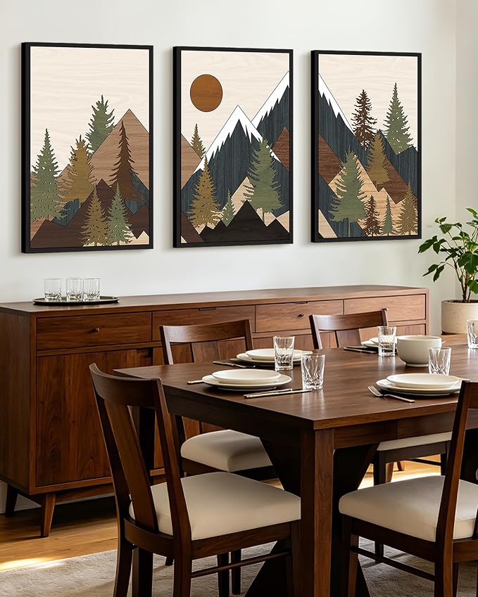 KUVIOKE Morden Mountains Framed Wall Art Boho Pine Tree Forest Nature Landscape Artwork Bohemain Farmhouse Rustic Bedroom Living Room Decor 24x36in (Black Framed)