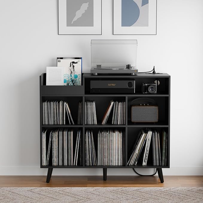 Cozy Castle Large Record Player Stand with Vinyl Storage Cabinet, Wood Turntable Table Open Shelf Holder Up to 500 Albums Cube Storage Organizer for Living Room, Office, Black