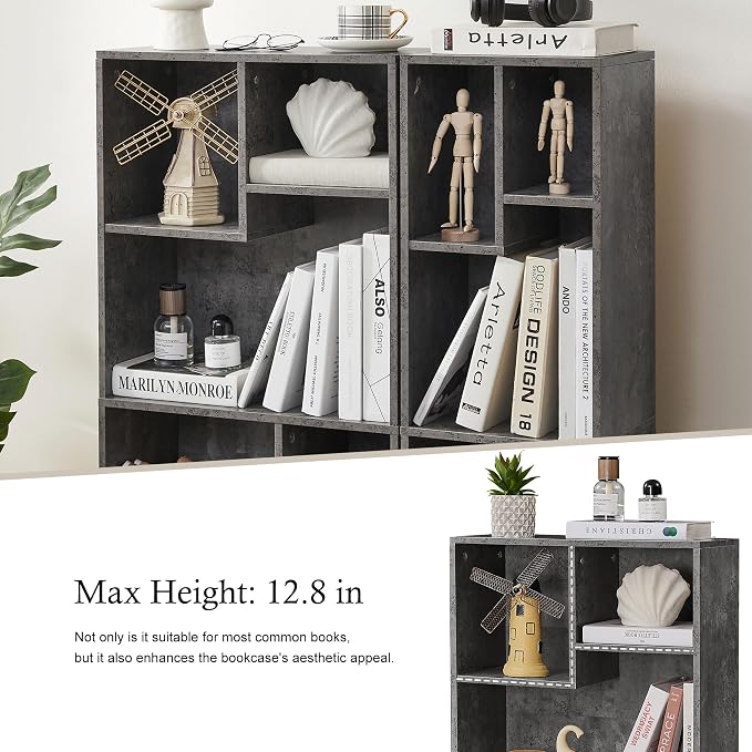 VECELO 4-Tier Bookcase, Modern Storage Cabinet with Height Difference Shelves for Standard Textbooks, 5 Cubes, Vertical or Horizontal, Easy Assembly, Grey