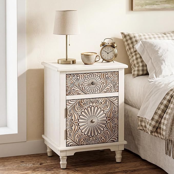 HOMPUS White Nightstand with Drawer & Storage, Fully-Assembled Flower Motif Night Stand for Small Spaces, 2 Drawer End Table with Storage for Living Room, Bedroom, Distress White