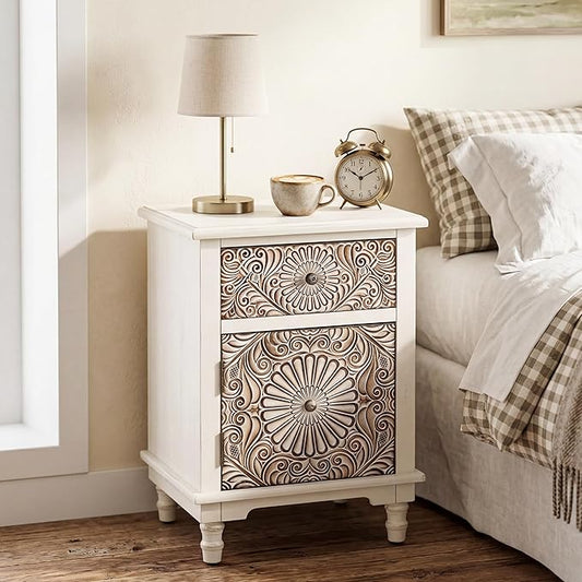 HOMPUS White Nightstand with Drawer & Storage, Fully-Assembled Flower Motif Night Stand for Small Spaces, 2 Drawer End Table with Storage for Living Room, Bedroom, Distress White