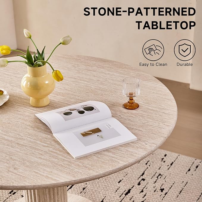 47" Round Dining Table for 4, [Cylinder Pedestal Base] [Stone-Patterned] Modern Circle Dinner Table for Kitchen Dining Living Room, Natual