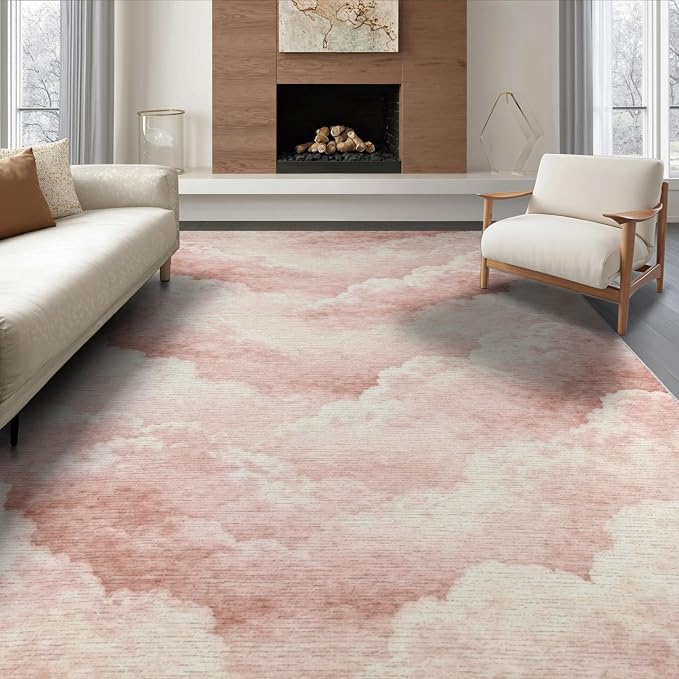 8'x10' Washable Watercolor Cloud Area Rug, Blush Pink Foldable Oversized Carpet Non-Slip Flatwoven Floor Covering for Living Room, Under Sectional, Family Room | Ref:2208259