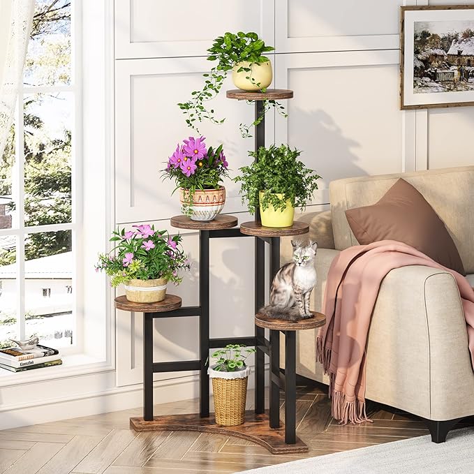 LITTLE TREE 6 Tiered Corner Plant Stand Indoor, Tall Plant Shelf Flower Stand Multiple Potted Plant Holder Rack for Living Room Balcony Garden, Rustic Brown