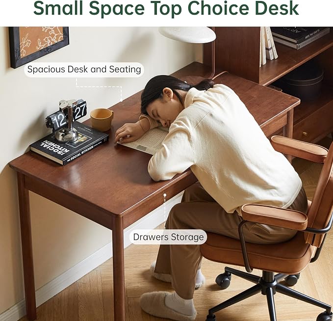 Solid Wood Computer Desk, Mid-Century Modern Home Office Desk with Storage Drawers, Writing Table for Study & Living Room 41.33" W Walnut Color