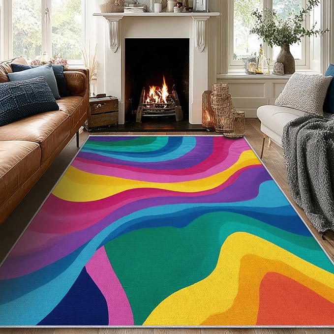 Rainbow Abstract Rugs 4x5, Colorful Retro 70s Washable 4 x 5 Area Rug for Living Room, Bedroom, Low Pile Non Slip Stain Resistant Carpet, Abstract Home Decor Accessories & M885