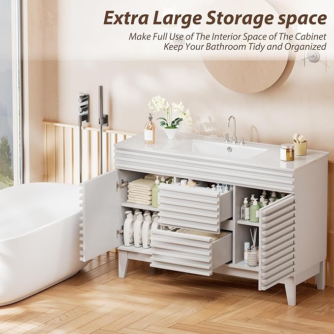 APRILSOUL 48" Bathroom Vanity with Ceramic Sink, Mid-Century Bathroom Vanity Cabinet with 2 Soft Closing Doors, Freestanding Bathroom Cabinet, Particleboard Frame with Wood Grain Laminate, White