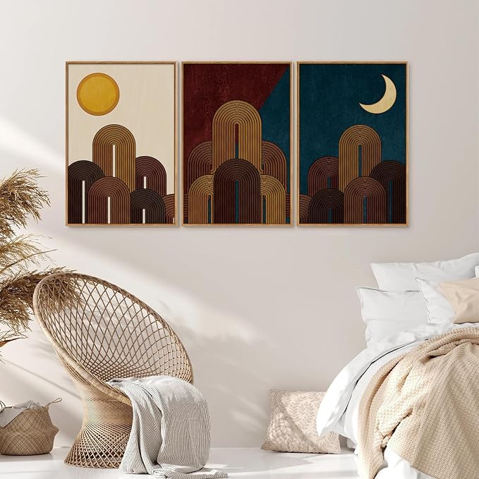 KaiWithYuan Mid Century Modern Framed Canvas Wall Art, Boho Minimalist Geometric Arch Wall Decor, Sun and Moon Art Paintings, Retro Abstract Mountains Artwork for Bedroom Living Room Office 16"x24"x3