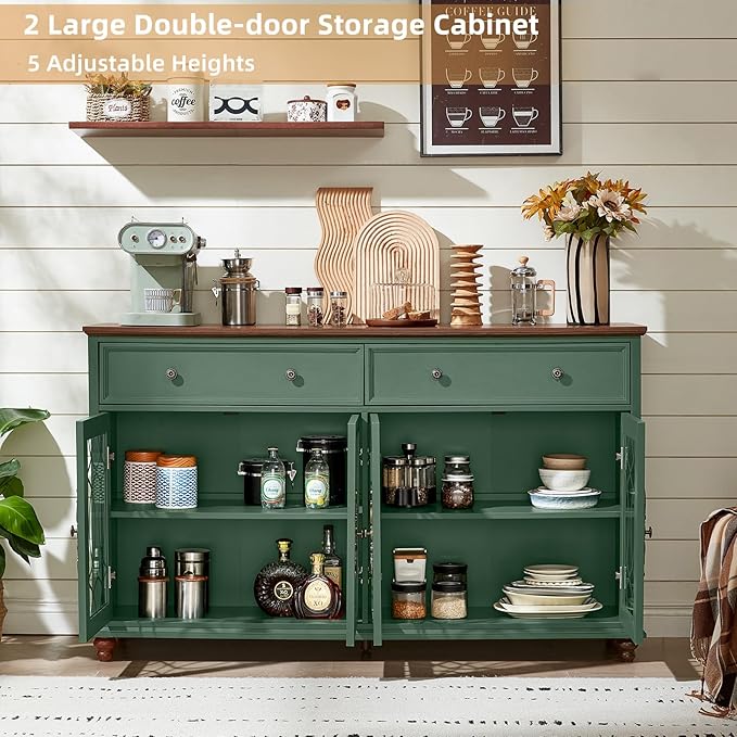 Large Sideboard Buffet Cabinet with Storage,59" Credenza with 4 Glass Doors & 2 Drawers,Adjustable Shelves Coffee Bar,Wood Kitchen Console Table for Dining Room,Living Room,Green