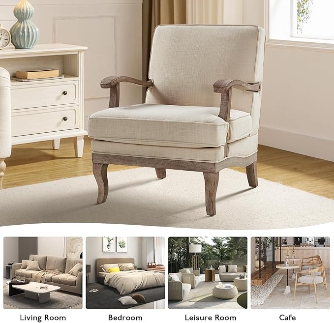 HULALA HOME Mid-Century Modern Accent Chair, Upholstered Lounge Arm Chair with Solid Wood Legs and Armrest, Removable Cushion Comfy Retro Reading Armchair for Living Room, Bedroom, Balcony, Linen