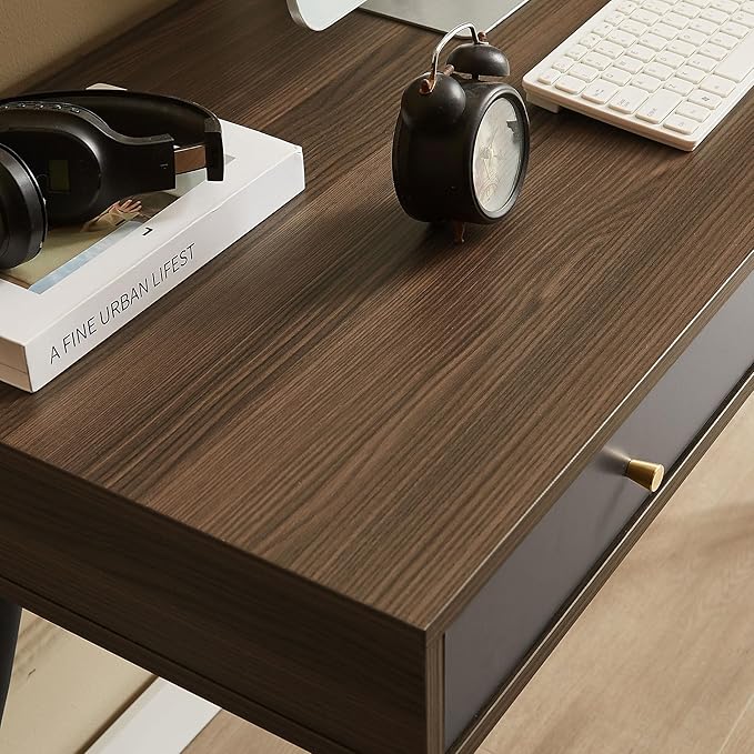 KEVINSPACE Mid Century Desk with Drawers, 47" Modern Home OfficeDesk, Writing StudyDesk ComputerDesk with Metal Legs & 3 Drawers, Multipurpose Vanity TableDesk for Bedroom Office, Walnut&Grey
