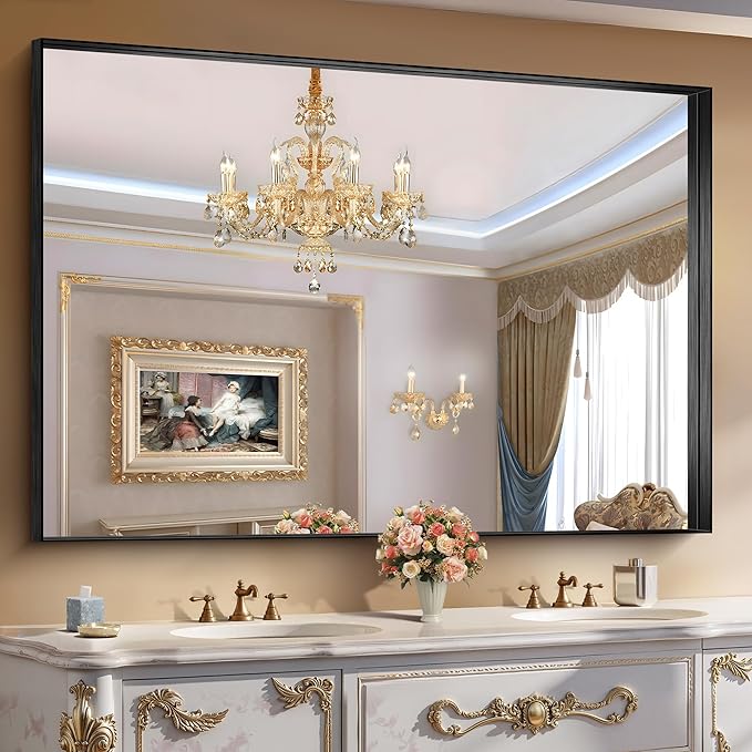 CIRCUMI Black Bathroom Mirror, 60"x40" Rectangular Mirror with Deep Metal Frame, Brushed Finish, Tempered Glass, Large Mirror for Wall, Over 2 Sinks, Installed Vertically/Horizontally, Crystal-Clear