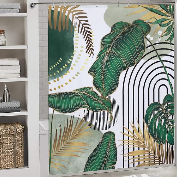 Boho Leaf Shower Curtain，Mid Century Green Gold Abstract Tropical Plant Minimalist Modern Geometric Palm Leaf Arch Bathroom Decor Fabric Polyester Waterproof 12 Pack Hooks,72x72Inch
