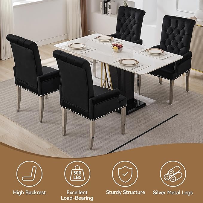 Velvet Dining Chair with Arms, Upholstered Tufted High Back Dining Room Chairs, Accent Armchair with Chrome Leg and Nailhead Trim, Kitchen Dining Living Room, Black