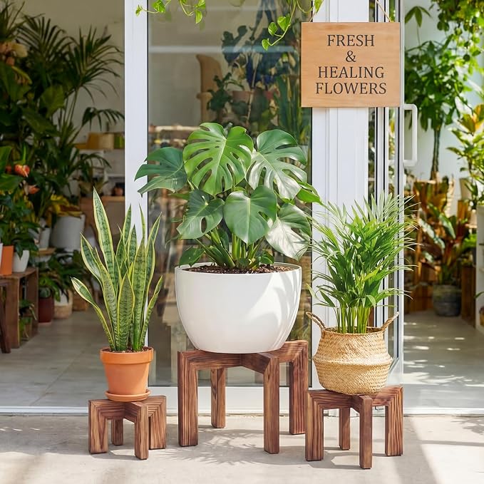 Pinkunn 3 Pcs Wood Plant Stand Indoor Plant Stand for 3-12 Inch Pots Mid-century Modern Plants Stool Plants Pot Holder Home Decor for Balcony Living Room Office Courtyard Detachable(Classic Style)