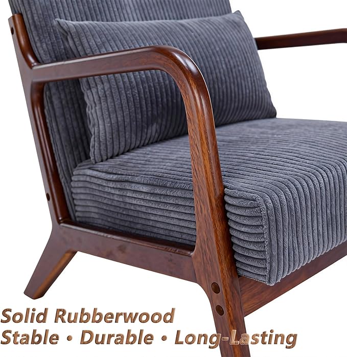 Set of 2 Mid Century Modern Accent Chair with Solid Rubber Wood Frame, Comfy Corduroy Reading Armchair with Lumbar Pillow, Heavy Duty Lounge Chair for Bedroom, Living Room & Small Spaces