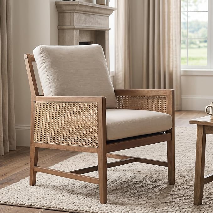 chairus Mid-Century Modern Accent Chairs Set of 2, Upholstered Solid Wood Armchairs with Cane Armrests & Slat Back, Comfy Rattan Reading Chairs for Living Room Bedroom Guest Room, Beige Linen