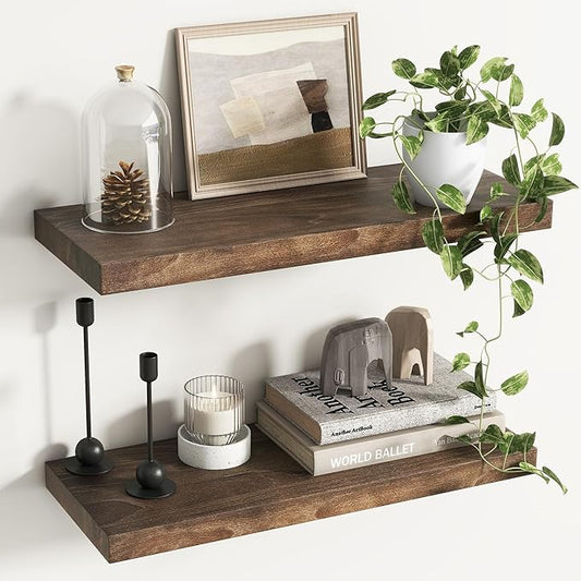 Reclaimed Elm Wood Floating Shelves for Wall, Flat Edge 24"W x 9.2"D x 1.4"H, Set of 2 with Invisible Bracket, Wall Mounted Shelves for Living Room Bedroom Kitchen Bathroom Decor, Walnut Finish