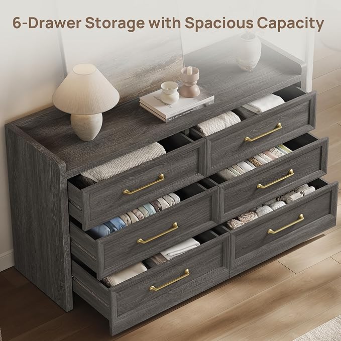SICOTAS 6 Drawer Dresser for Bedroom-56.4" Extra-Wide Wooden Chest of Drawers with Large Storage, Long Dresser TV Stand with Drawers, Modern Closet Dressers for Nursery Living Room, Dark Grey Oak