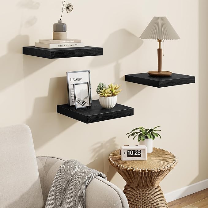 Square Floating Shelves for Wall, 9.25"W x 9.25"D x 1.25"H, 3 Pack Small Wall Mounted Engineered Wood Shelves with Invisible Brackets for Living Room, Bedroom, Bathroom, Kitchen Decor, Black