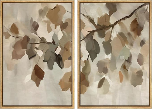MUDECOR Framed Canvas Print Wall Art Set Abstract Leaf Branch Minimalist Nature-Inspired Beige and Brown Calm/Zen for Living Room, Bedroom, Office - 24"x36"x2 Natural