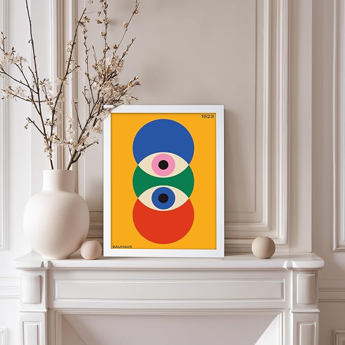 Poster Master Bauhaus Poster - Abstract Eyes Print - Graphic Design Art - Eye Art - Geometric Art - Chic Boho Art - Mid Century Modern Art - Living Room or Bedroom Wall Decor - 11x14 White Framed