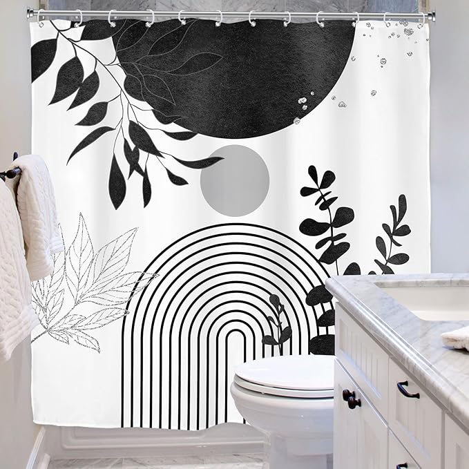 Riyidecor Black White Silver Boho Modern Shower Curtain for Bathroom Decor 72Wx72H Mid Century Bohemian Eucalyptus Leaves Abstract Arch Art Printed Fabric Polyester Waterproof 12 Pack Plastic Hooks