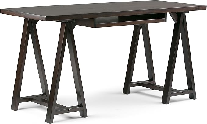 SIMPLIHOME Sawhorse Desk - 60 Inch Wide Solid Wood Writing Desk in Dark Chestnut Brown, Modern Industrial Home Office Computer Table for Workspace with Sawhorse Base and Integrated Keyboard Tray