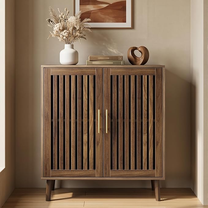 Smart FENDEE Sideboard Cabinet, 31.5" W Farmhouse Buffet Cabinet with Slatted Doors & Adjustable Shelf, Wood Coffee Bar Storage Station for Kitchen, Dining Room, Living Room, Entryway, Walnut Color