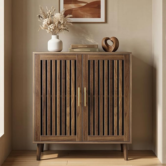 Smart FENDEE Sideboard Cabinet, 31.5" W Farmhouse Buffet Cabinet with Slatted Doors & Adjustable Shelf, Wood Coffee Bar Storage Station for Kitchen, Dining Room, Living Room, Entryway, Walnut Color