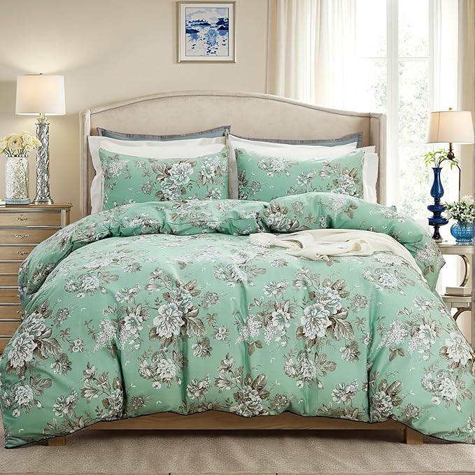 Floral Duvet Cover Queen Size Soft 100% Nature Cotton Vintage Style Green Bedding Set with Zipper Closure 3 Pcs Cottagecore Botanical Duvet Cover, Ultra Soft, Breathable