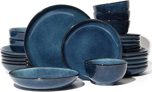 24 Piece Double Bowl Dinnerware Sets with Pasta Bowls, Highly Chip and Crack Resistant Plates and Bowls Sets, Natural Earthyware Ceramic Dishware Sets, Service for 6 Starry Blue