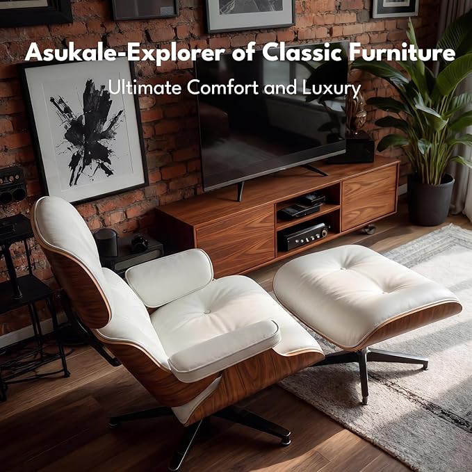 Top Grain Leather, Mid Century Chaise Lounge Chair and Ottoman, Modern Chair Classic Design, Heavy Duty Base Support for Living Room Study Lounge Office, Palisander-White