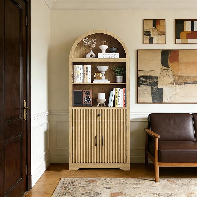 Farmhouse Arched Bookshelf, Mid-Century Modern 5-Tier Curved Cabinet with Door, Wooden Bathroom Storage Cabinet, Kitchen Pantry Cabinet for Living Room, Kitchen，Home Office, Natural X2