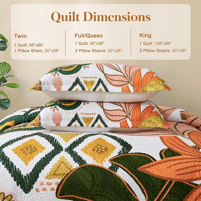 2 Piece Boho Floral Quilt Sets Twin Size Farmhouse Botanical Reversible Lightweight Bedspread Coverlet with 1 Sham Mid Century Leaves Microfiber Bedding Quilts Set for All Season, 68''x86''