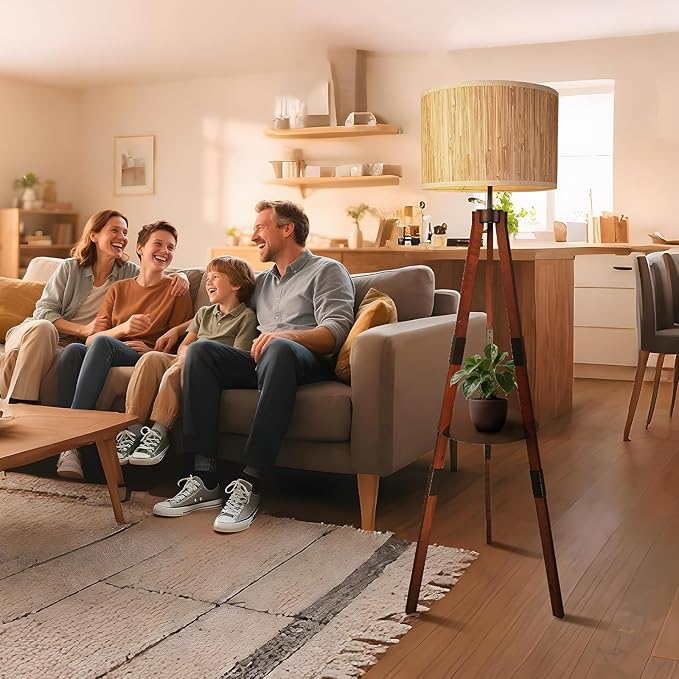 Floor Lamps for Living Room Tripod Floor Lamp Natural Raffia Straw Shade Tall Standing Lamp, Dimmable Industrial Reading Light for Living Room, Bedroom, Office