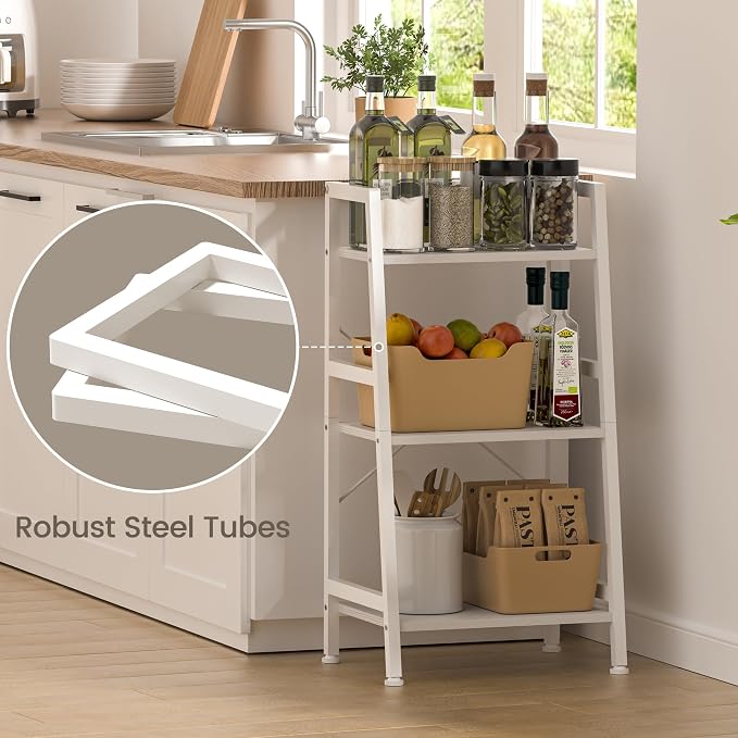 3-Tier Bookshelf, Ladder Shelf, Stand Up Shelves, Industrial Bookcase with Steel Frame, Metal Small Bookcase, for Living Room, Home Office, Kitchen, Bedroom, Industrial Style（White）