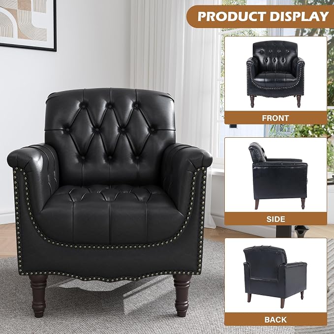 Faux Leather Accent Chair for Living Room, Tufted Arm Chair Retro Upholstered Club Armchair with Solid Wood Legs, Black Blue