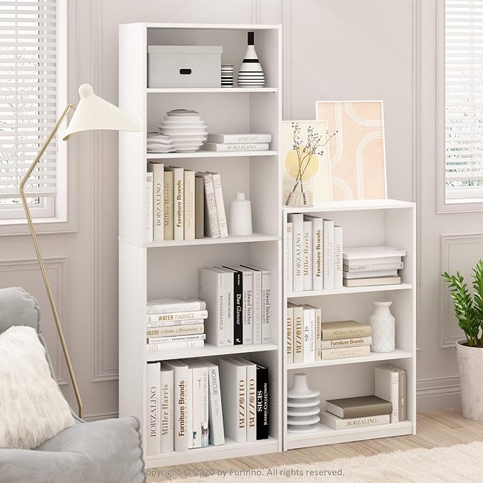 Furinno Jaya Book Shelf, 3-Tier Bookshelf, Standing Bookcase with Adjustable Shelves, 9.5 x 24.5 x 40.3, for Organization and Storage, for Living Room, Bedroom, Home Office, Plain White