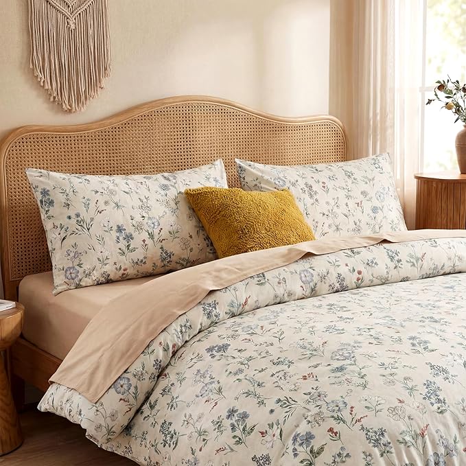 Floral Duvet Cover Set Queen Size 100% Cotton Green Floral Comforter Cover 3 Pcs Lightweight Soft Aesthetic Floral Bedding Sets
